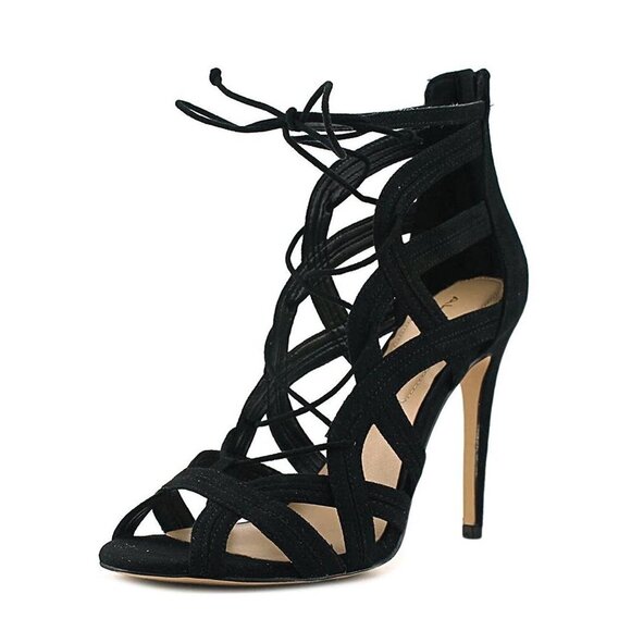 Aldo Shaylla Classic Black Vegan Suede Peep Toe Caged Back Zip Pumps sz 8 - Picture 2 of 13